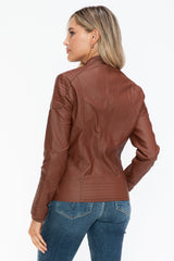 Outfit Flow - Snobbish Faux Leather Biker Jacket with Side Zip Pockets