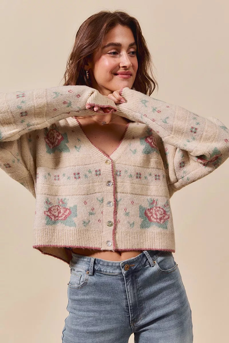 SO ME Floral Pattern Long Sleeve Button Sweater Cardigan OutfitFlow