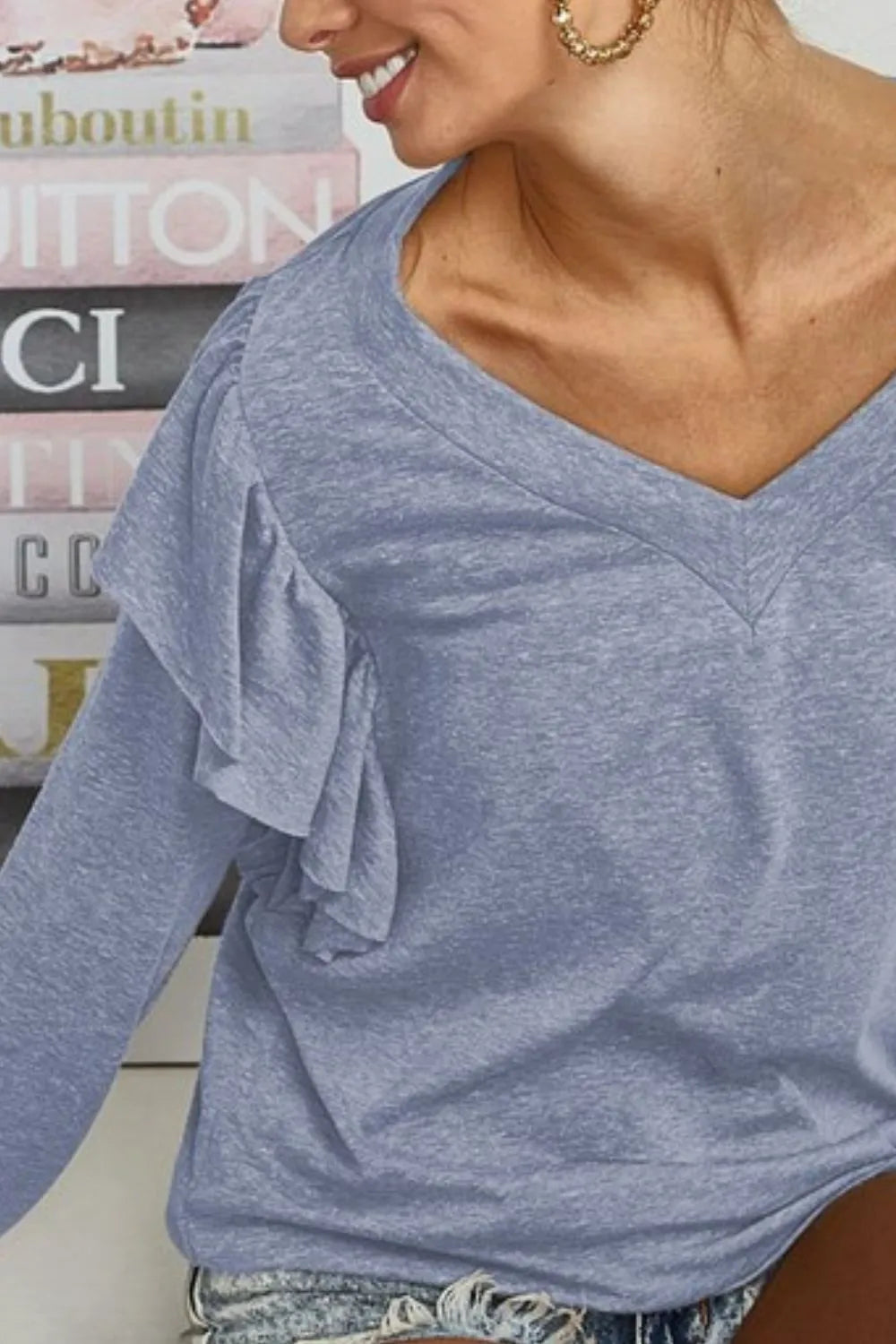 BiBi Triblend V Neck Top with Shoulder Shrring Detail OutfitFlow