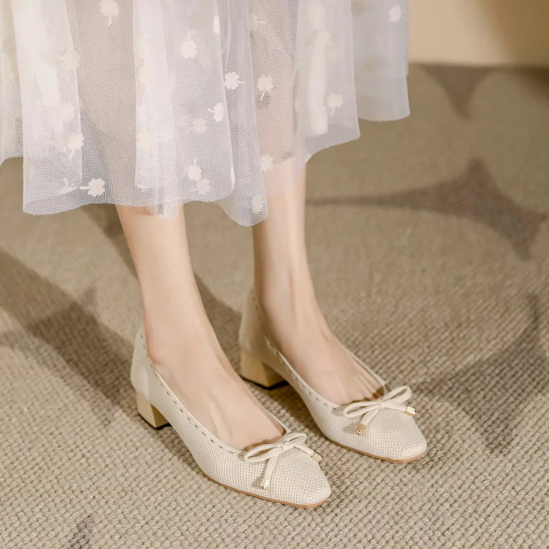 Square Toe Block Heels Slip-Ons Apricot OutfitFlow