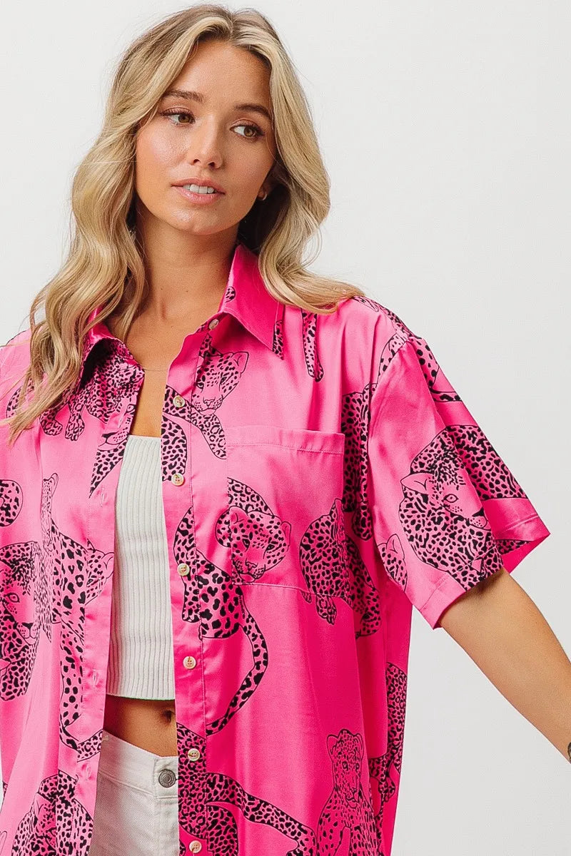 BiBi Leopard Print Short Sleeve Silky Satin Shirt Top OutfitFlow
