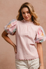 BiBi Embroidery Bubble Sleeve Top With Bottom Scallop Detail OutfitFlow