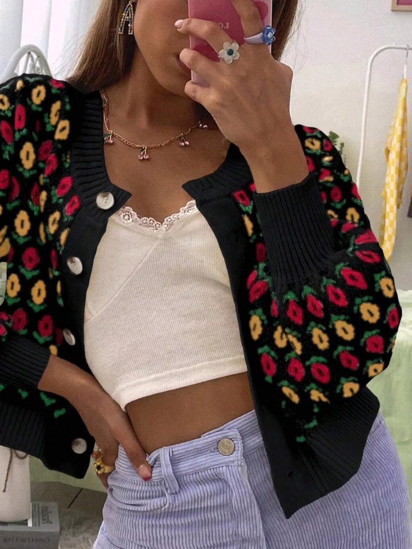 Floral Button Up Long Sleeve Cardigan OutfitFlow