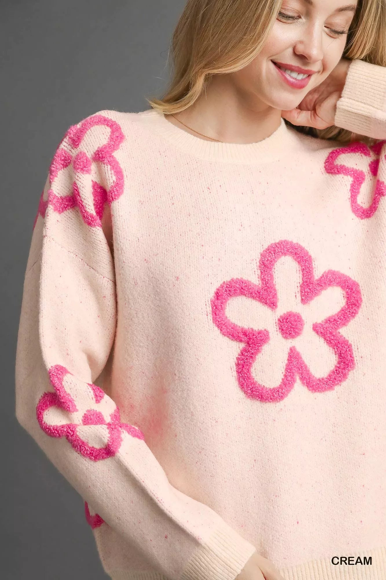 Umgee Round Neck Sweater with Pink Floral Accents OutfitFlow