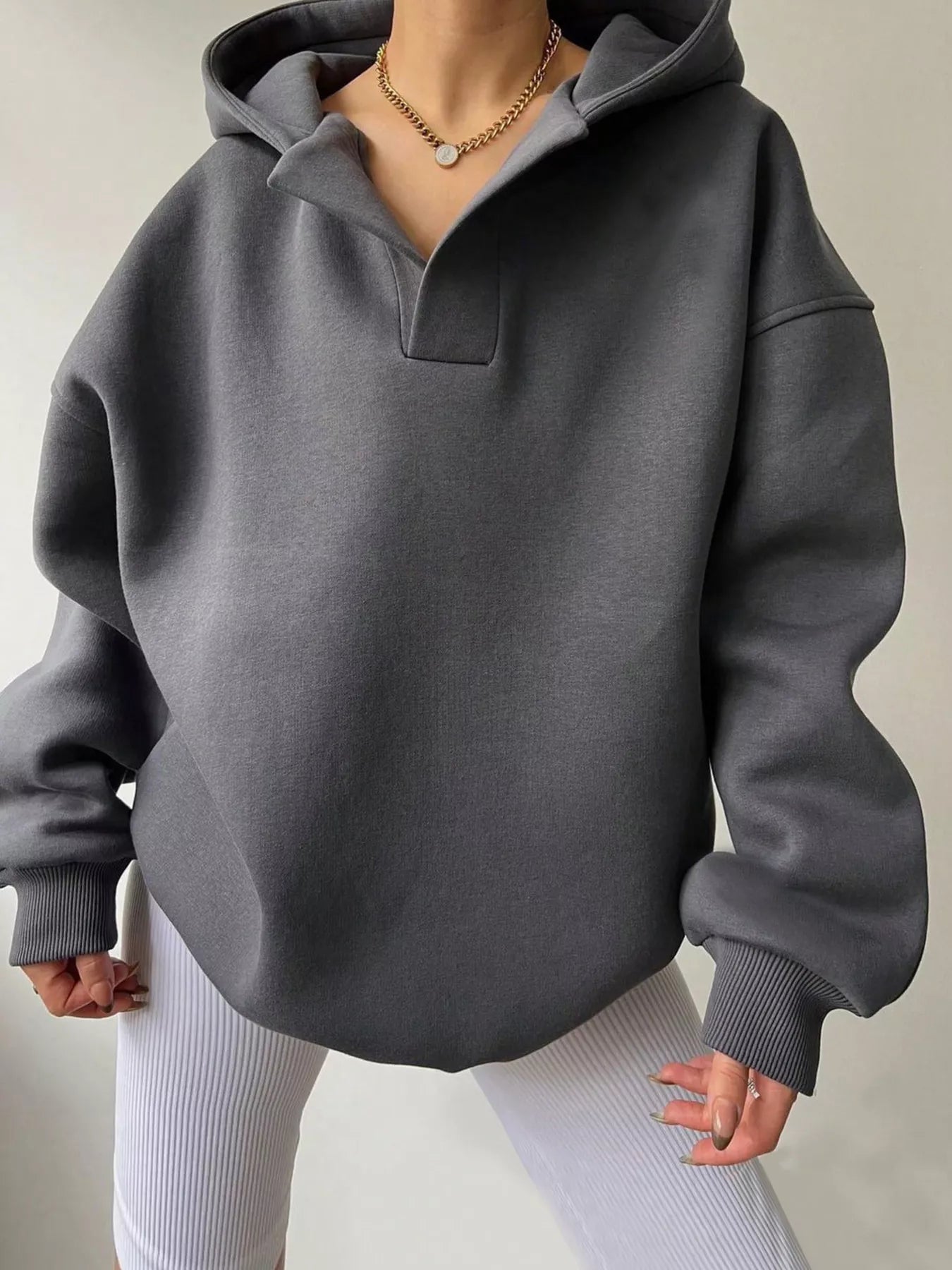Dropped Shoulder Long Sleeve Sweatshirt Dark Gray OutfitFlow