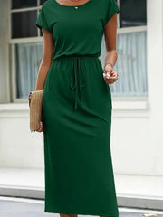 Slit Round Neck Short Sleeve Dress OutfitFlow
