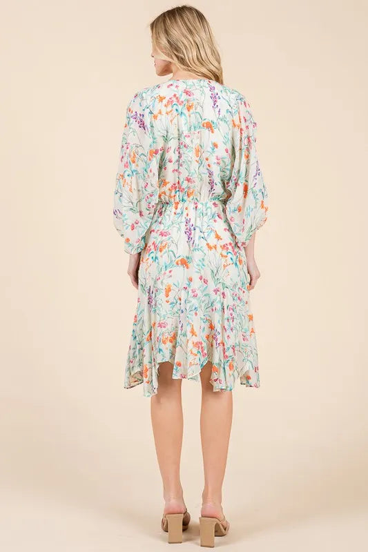 Lime 'N' Chili Floral Cinched Waist Balloon Sleeve V-Neck Dress OutfitFlow