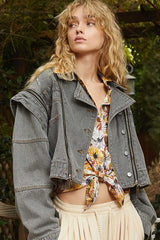 POL Cropped Denim Jacket with Functional Zipper Detail Dark Gray OutfitFlow