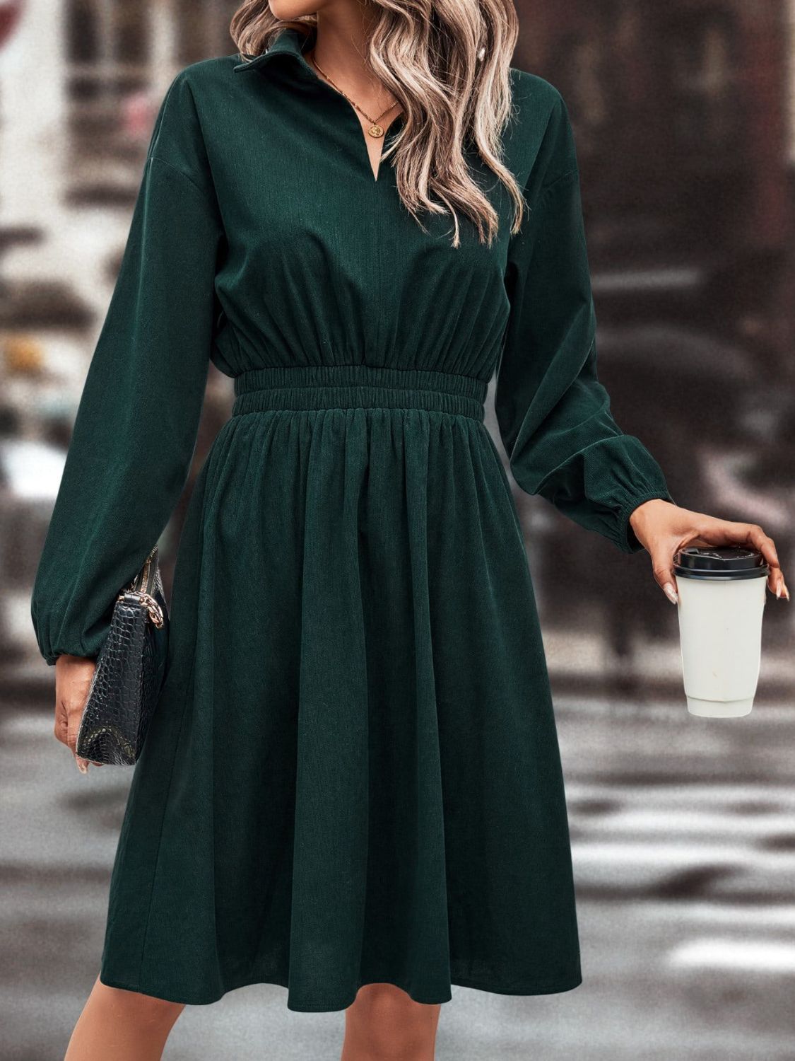 Outfit Flow - Smocked Johnny Collar Long Sleeve Dress