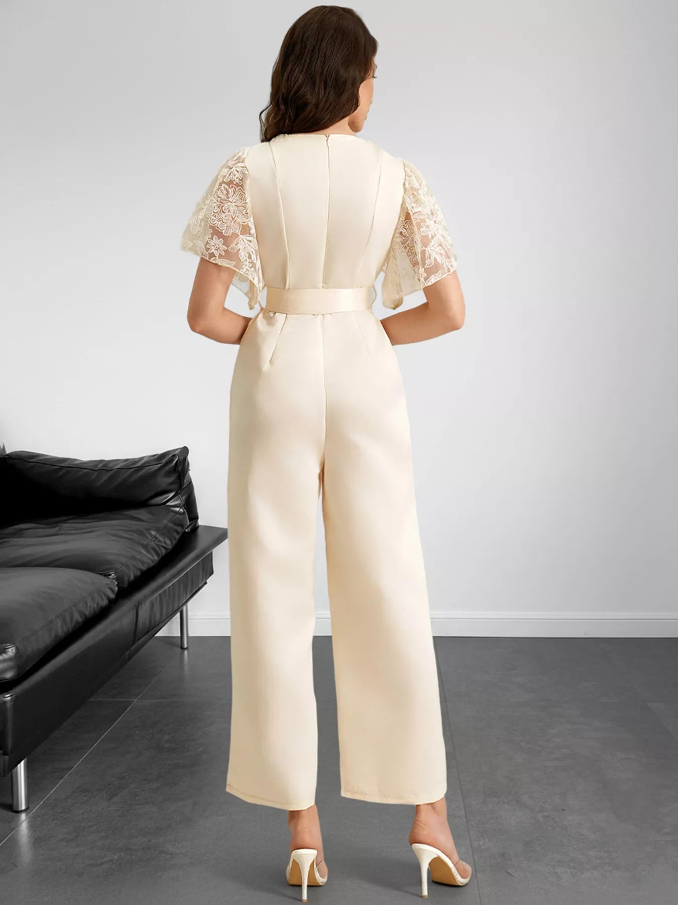 Lace Trim Belted Wide Leg Jumpsuit OutfitFlow