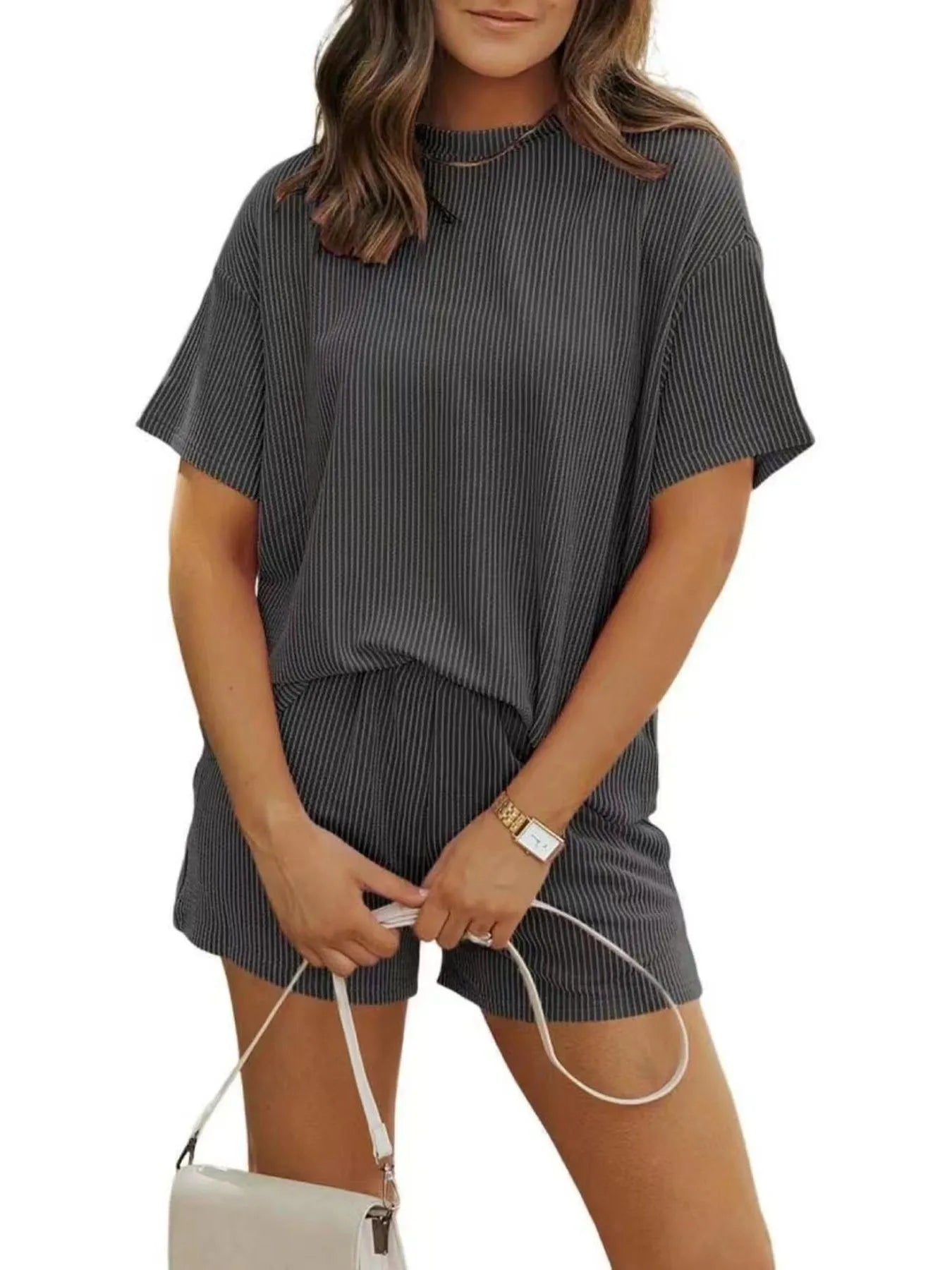Full Size Ribbed Short Sleeve Top and Shorts Two-Piece Set Plus Size Black OutfitFlow