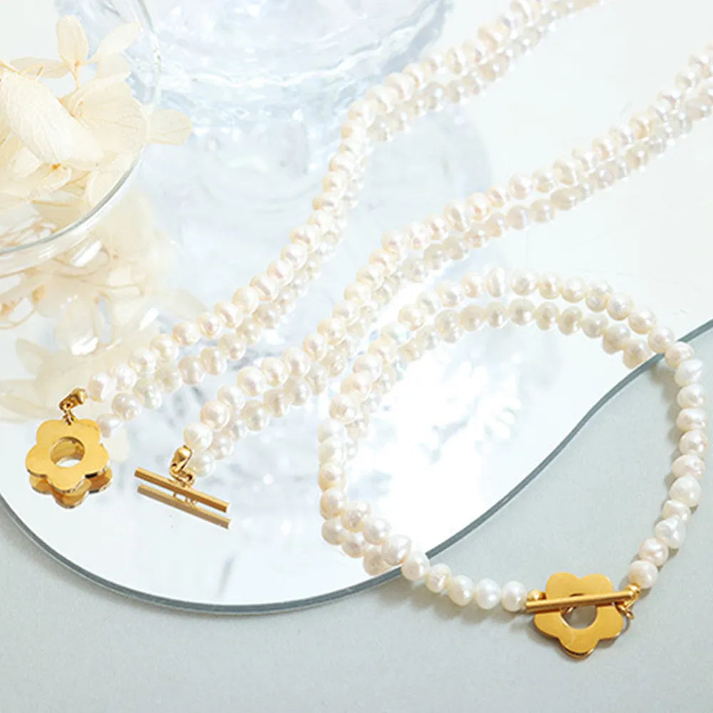 Titanium Steel Pearl Flower Bracelet OutfitFlow