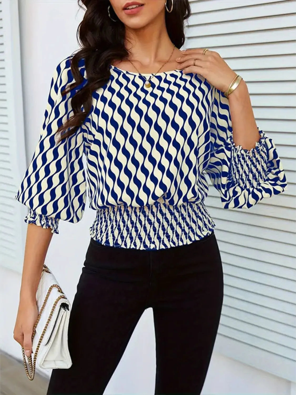 Geometric Print Lantern Sleeve Smocked Waist Blouse Navy OutfitFlow