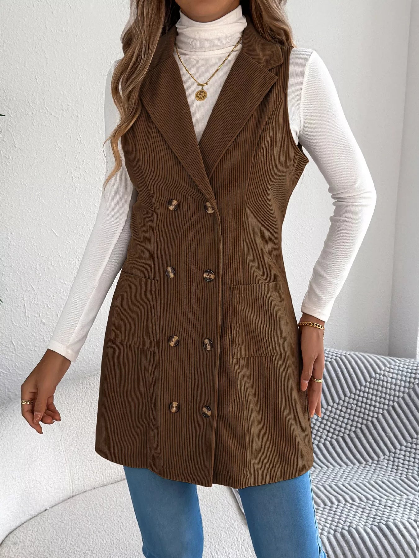 Double-Breasted Long Vest Coat Trendsi