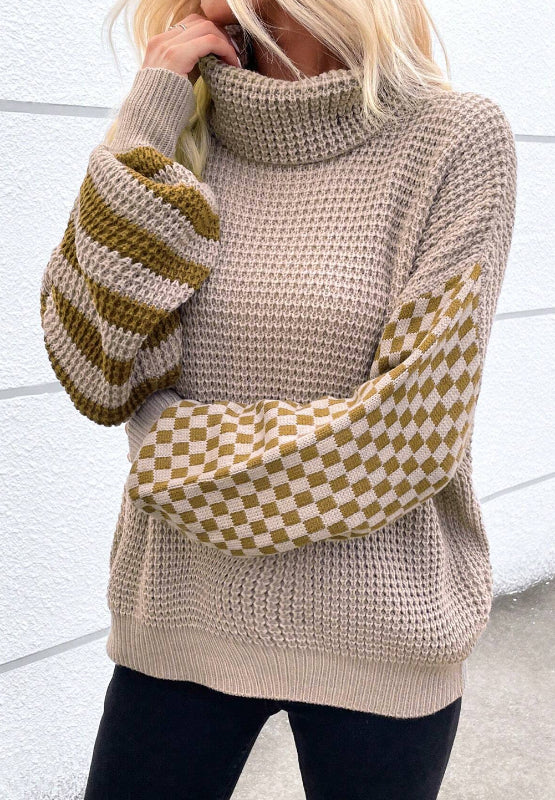 Outfit Flow - Striped & Checkered Turtleneck Dropped Shoulder Sweater