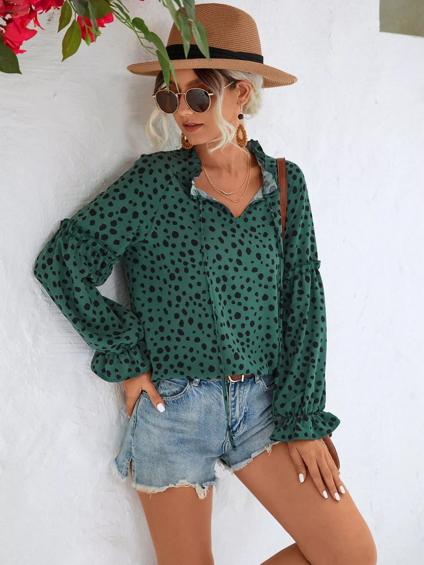 Animal Print Tie Neck Flounce Sleeve Blouse Trendsi