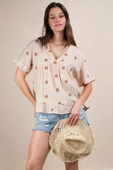 VERY J Flower Embroidered Woven Blouse OutfitFlow