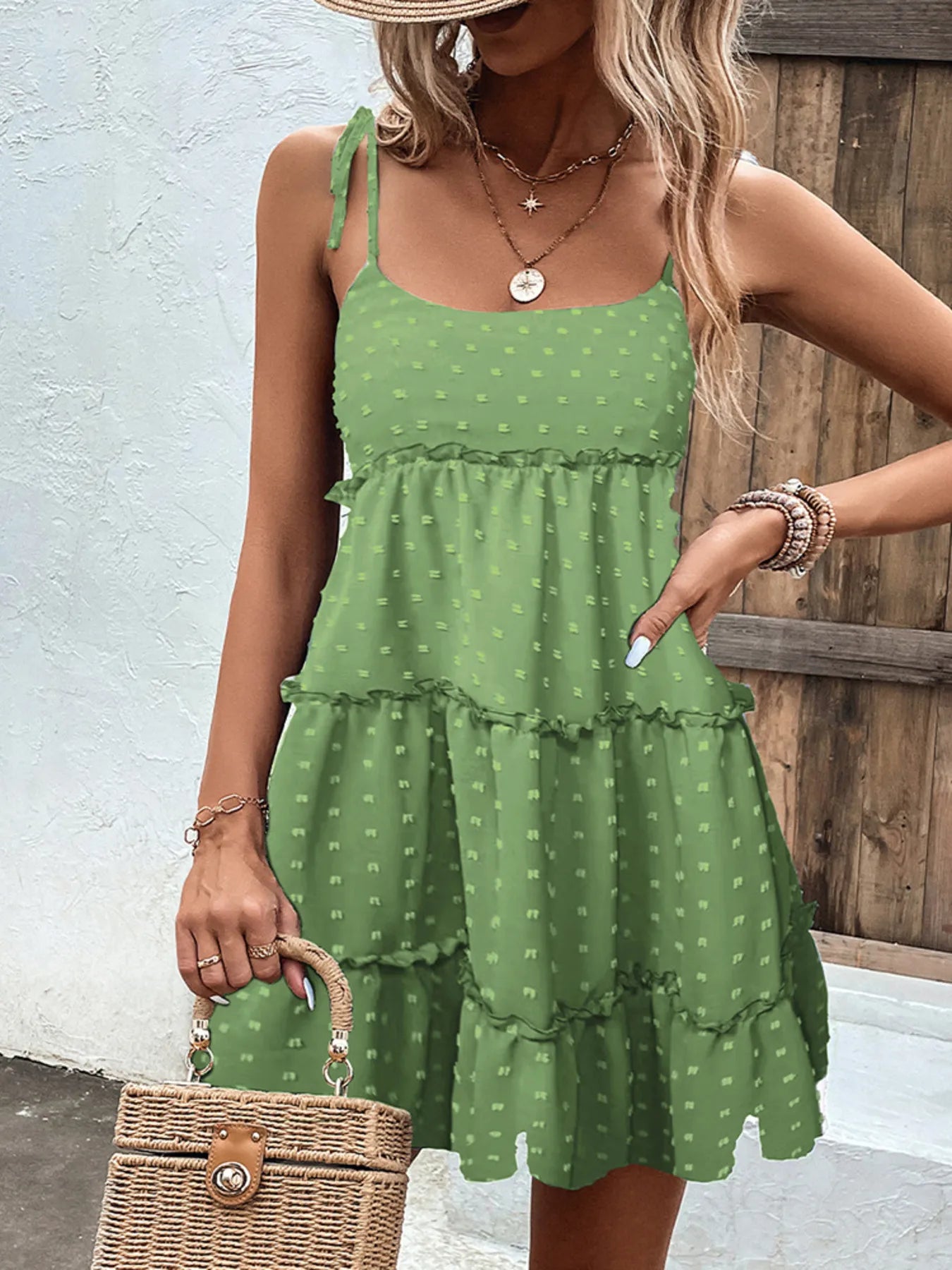 Frill Tiered Swiss Dot Cami Dress OutfitFlow