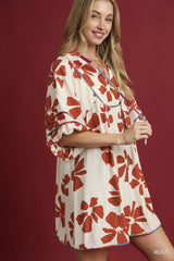 Umgee Two Tone Floral Tie-Neck Babydoll Dress OutfitFlow