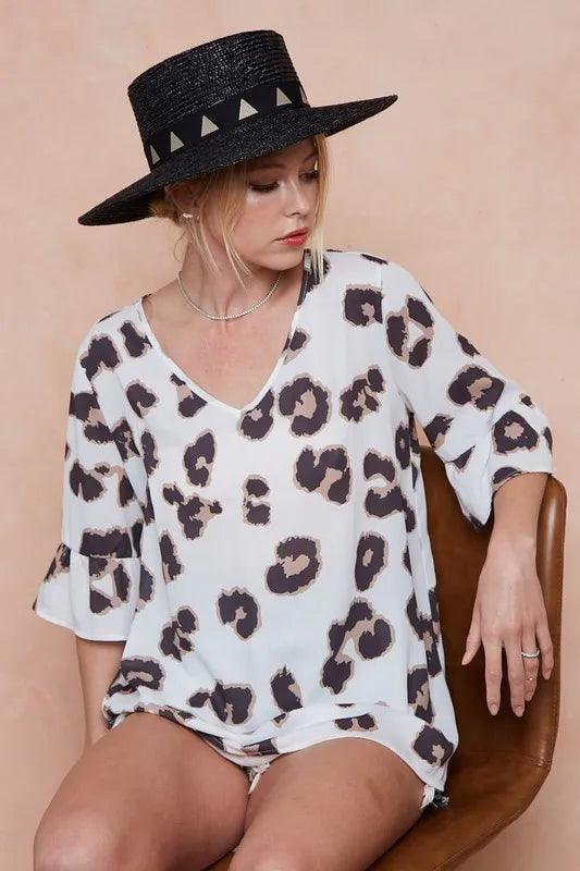 BiBi Leopard Printed V Neck Woven Top with Ruffled OutfitFlow