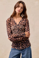 BiBi Leopard Printed Mesh Shirt With Button Up V Neck OutfitFlow
