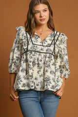 Outfit Flow - Umgee Ruffled Tie Neck Puff Sleeve Babydoll Blouse