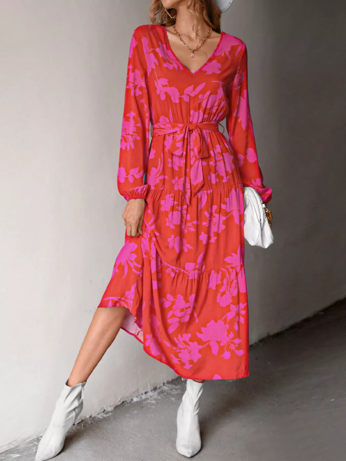 Printed V-Neck Balloon Sleeve Dress Hot Pink OutfitFlow