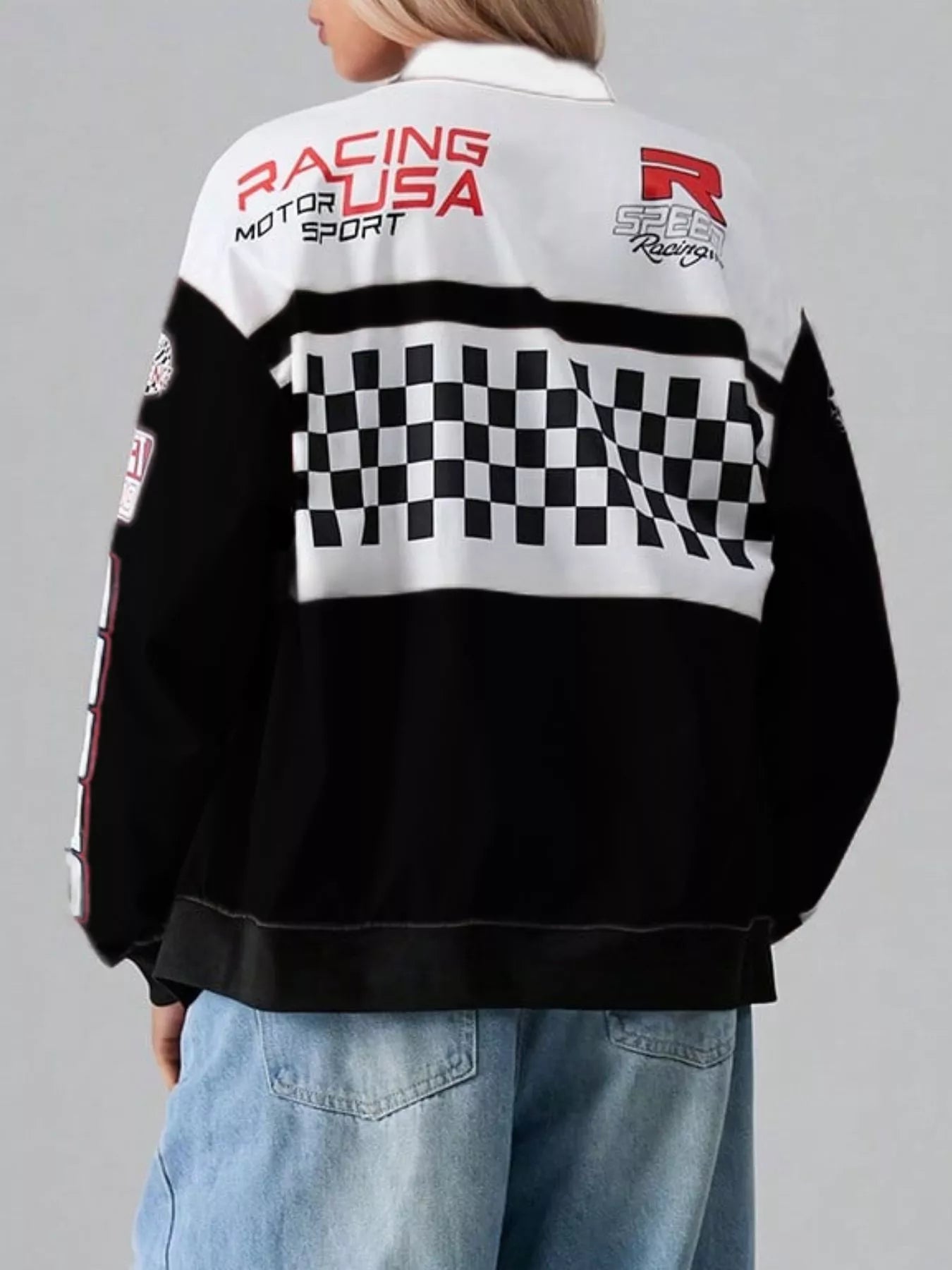 Letter Zip Up Dropped Shoulder Jacket OutfitFlow
