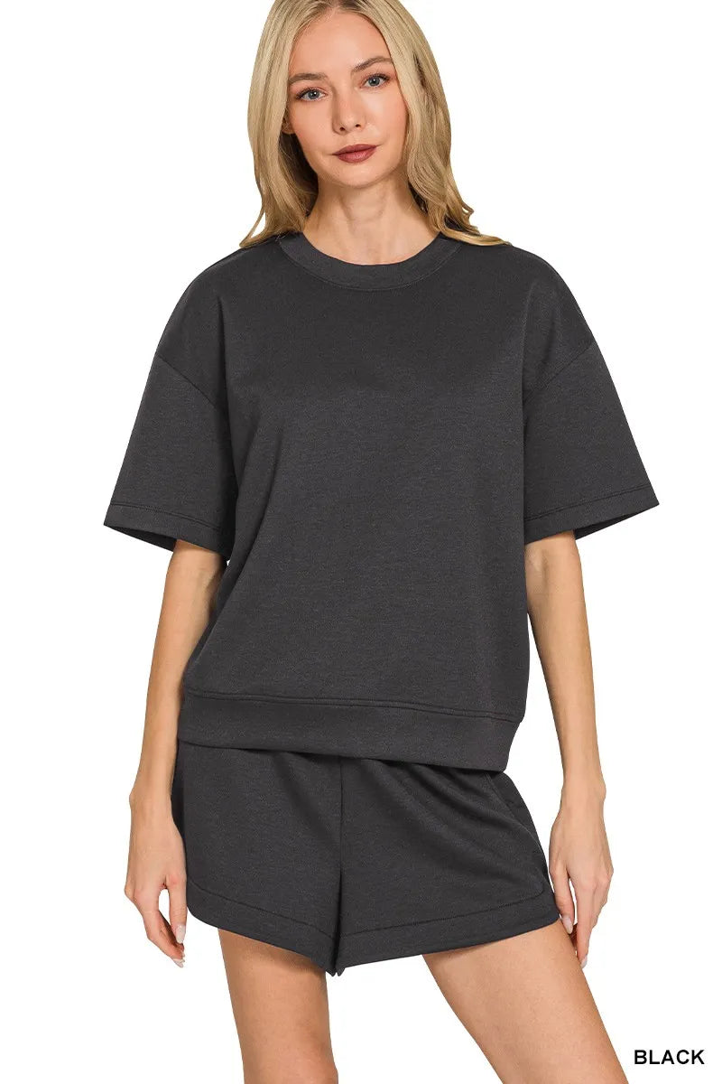 Zenana Scuba Short Sleeve Top & Shorts Set BLACK Trendsi