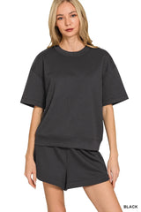Zenana Scuba Short Sleeve Top & Shorts Set BLACK Trendsi