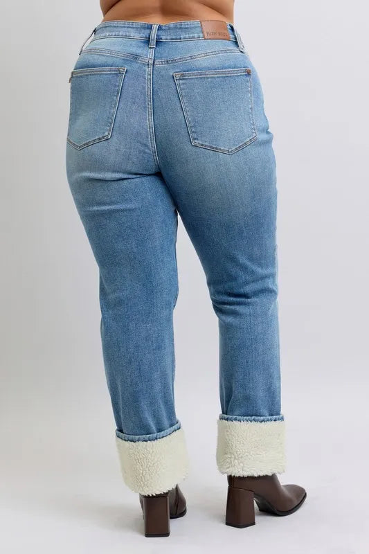 Judy Blue Full Size High Waist Shearling Cuff Straight Plus Size OutfitFlow
