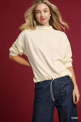 Umgee Ribbed Drawstring Hem Knit Top ECRU OutfitFlow