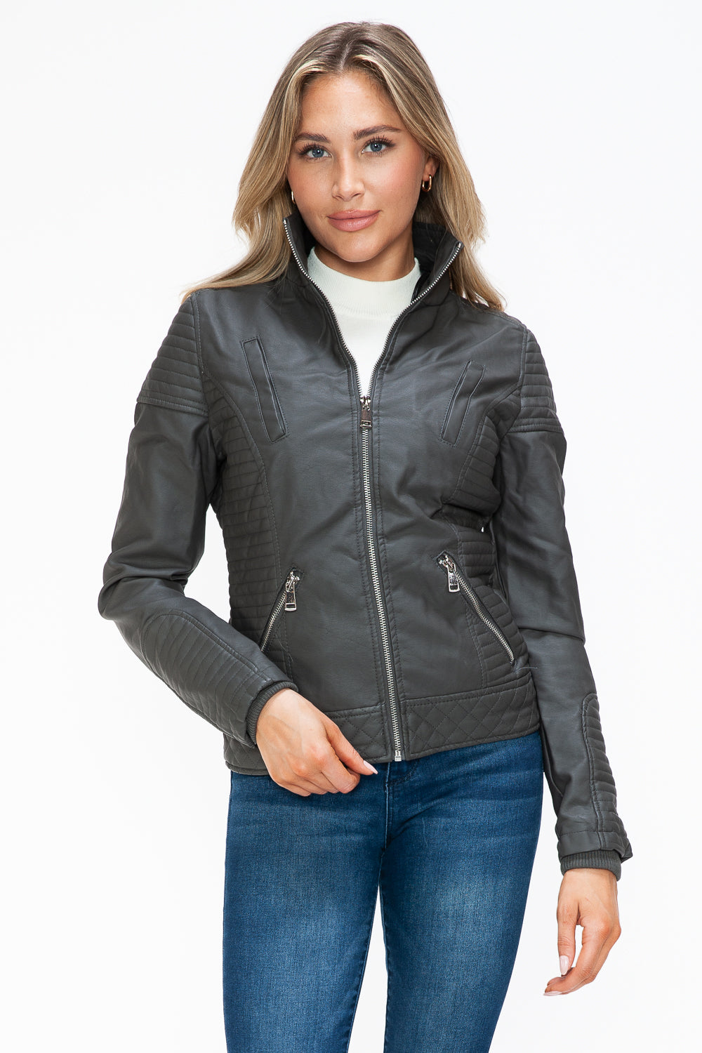 Outfit Flow - YMI Faux Layered Double-Zipper Jacket with Fuzzy Hood