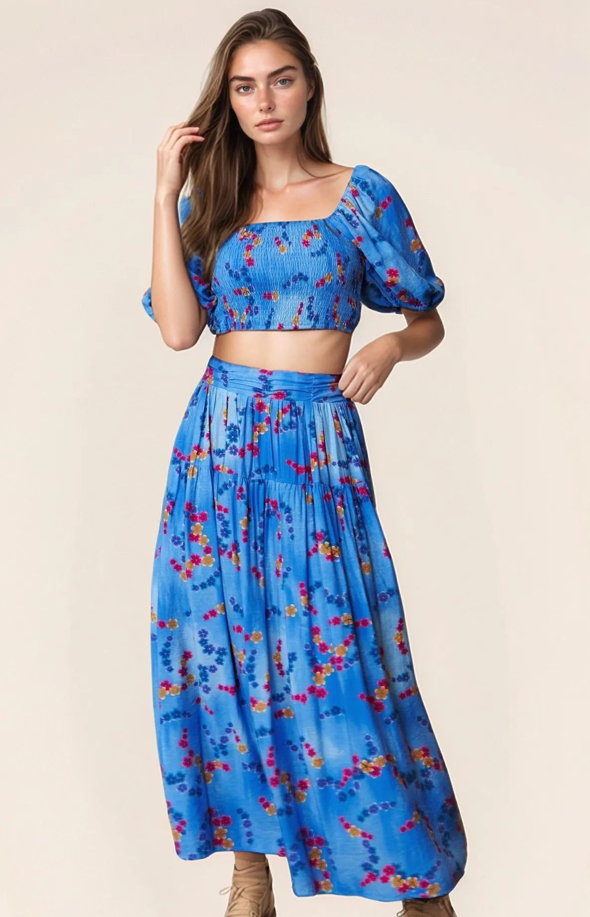Davi & Dani Printed Smocking Waistband Ruffled Maxi Skirt OutfitFlow