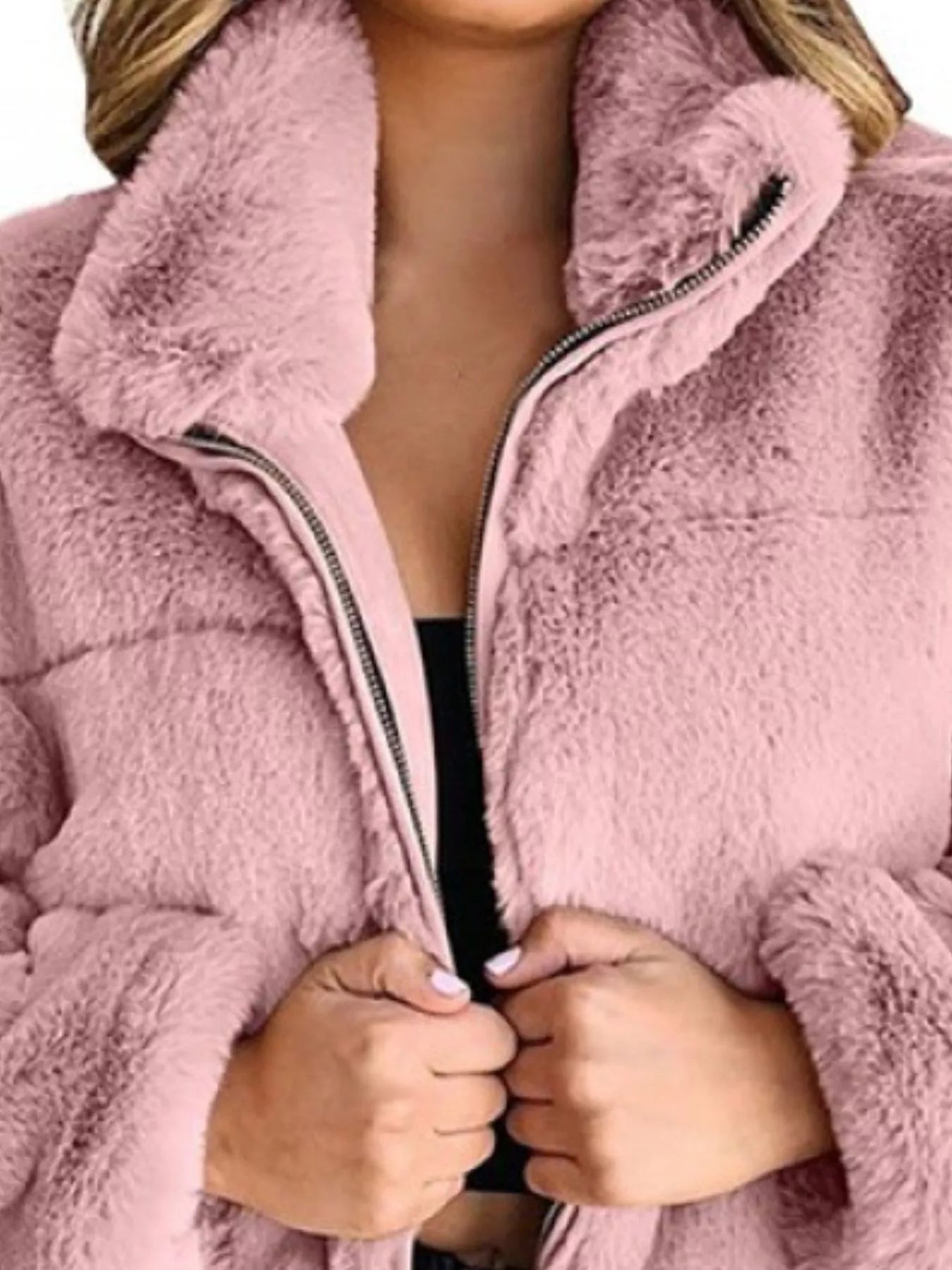 Full Size Faux Fur Cropped Zip-Up Jacket Plus Size Trendsi