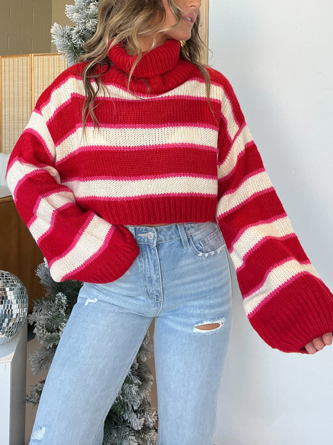 Outfit Flow - Striped Turtleneck Long Sleeve Cropped Sweater