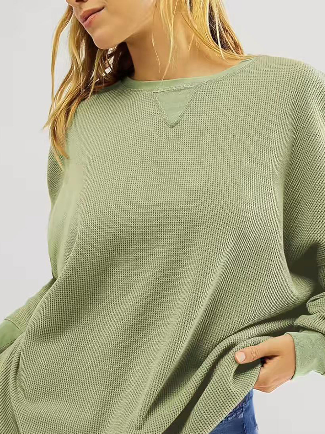 Outfit Flow - Waffle Knit Round Neck Long Sleeve T-Shirt