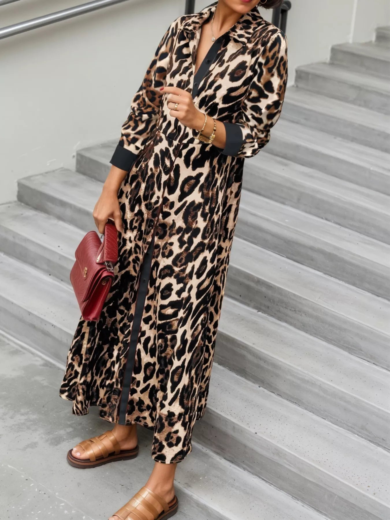 Leopard Print Long Sleeve Shirt Dress with Contrast Trim OutfitFlow
