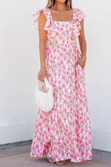 Floral Print Square Neck Ruffled Cap Sleeve Maxi Dress OutfitFlow
