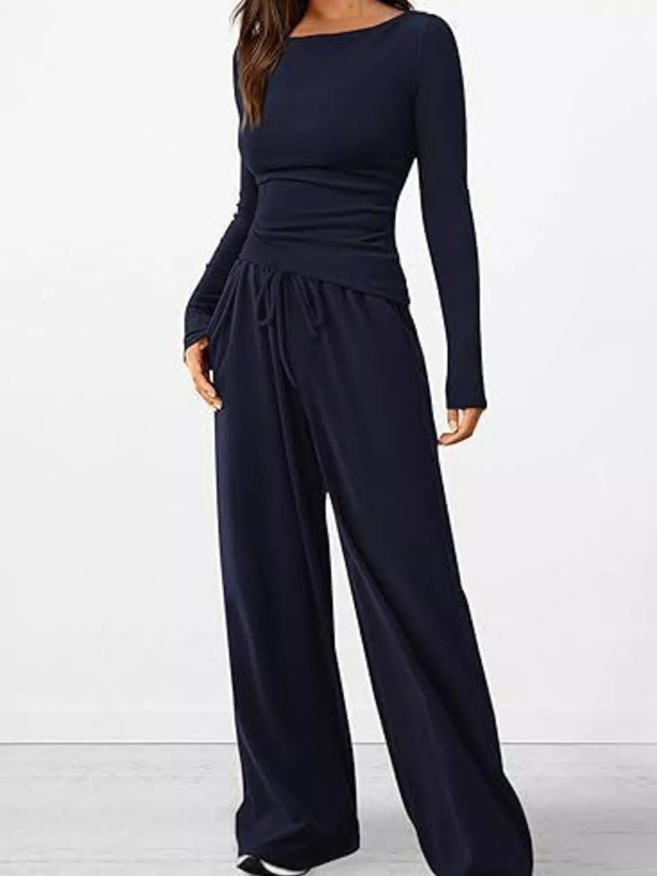 Long Sleeve Top and Wide Leg Pants Set OutfitFlow