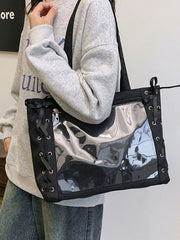Lace-Up Trim Clear Panel Shoulder Bag OutfitFlow