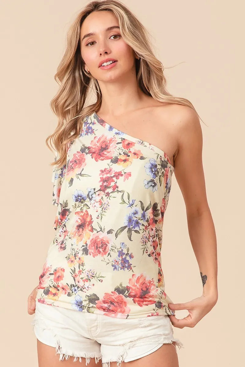 BiBi Floral Printed Jersey Knit Ruffle Sleeve Top OutfitFlow