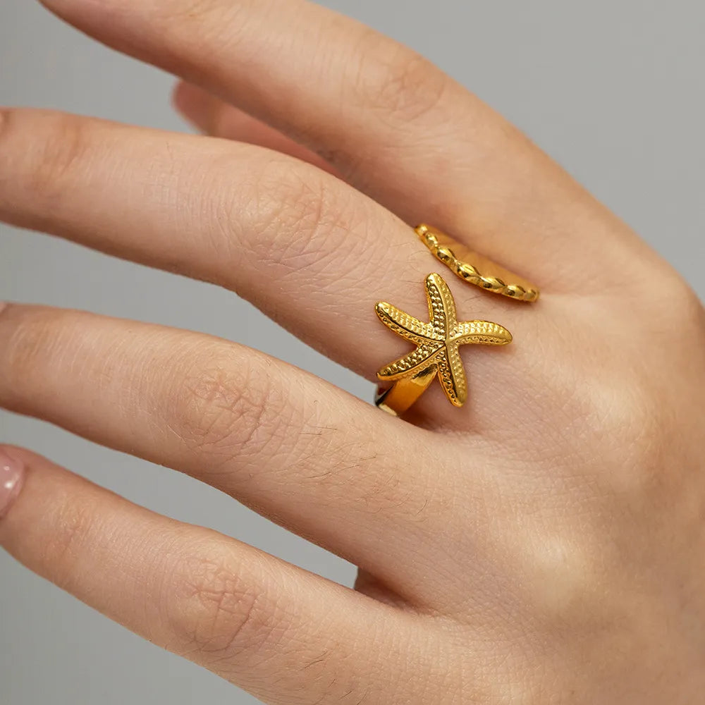 18K Gold-Plated Seashell Starfish Open Ring Gold One Size OutfitFlow