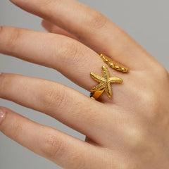 18K Gold-Plated Seashell Starfish Open Ring Gold One Size OutfitFlow