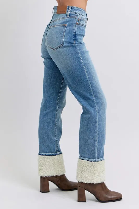 Judy Blue Full Size High Waist Shearling Cuff Straight Plus Size OutfitFlow