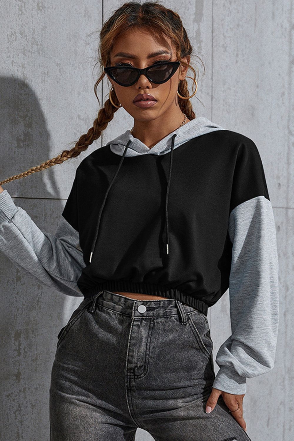 Outfit Flow - Perfee Contrast Long Sleeve Cropped Hoodie