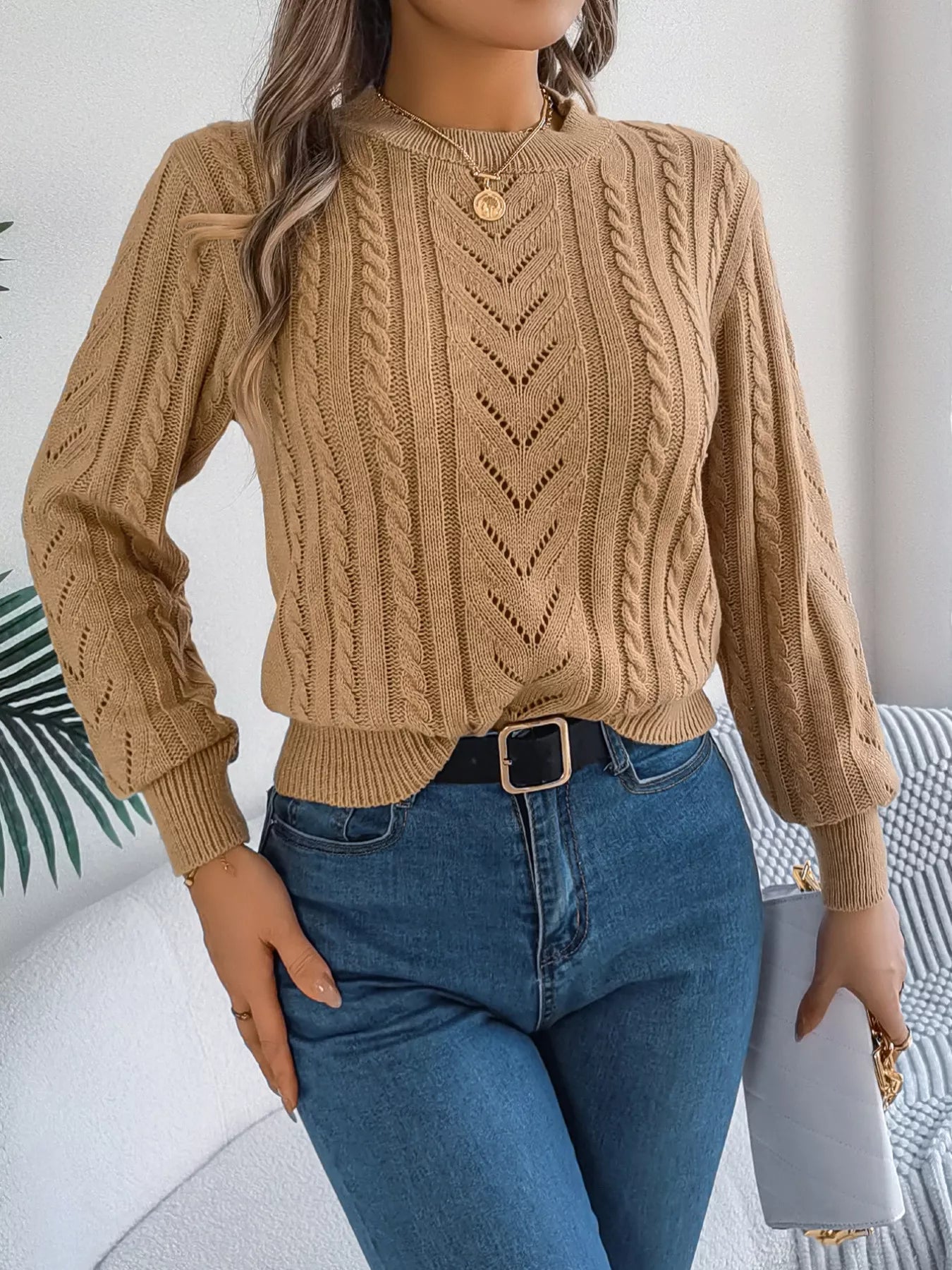 Cable-Knit Round Neck Sweater OutfitFlow