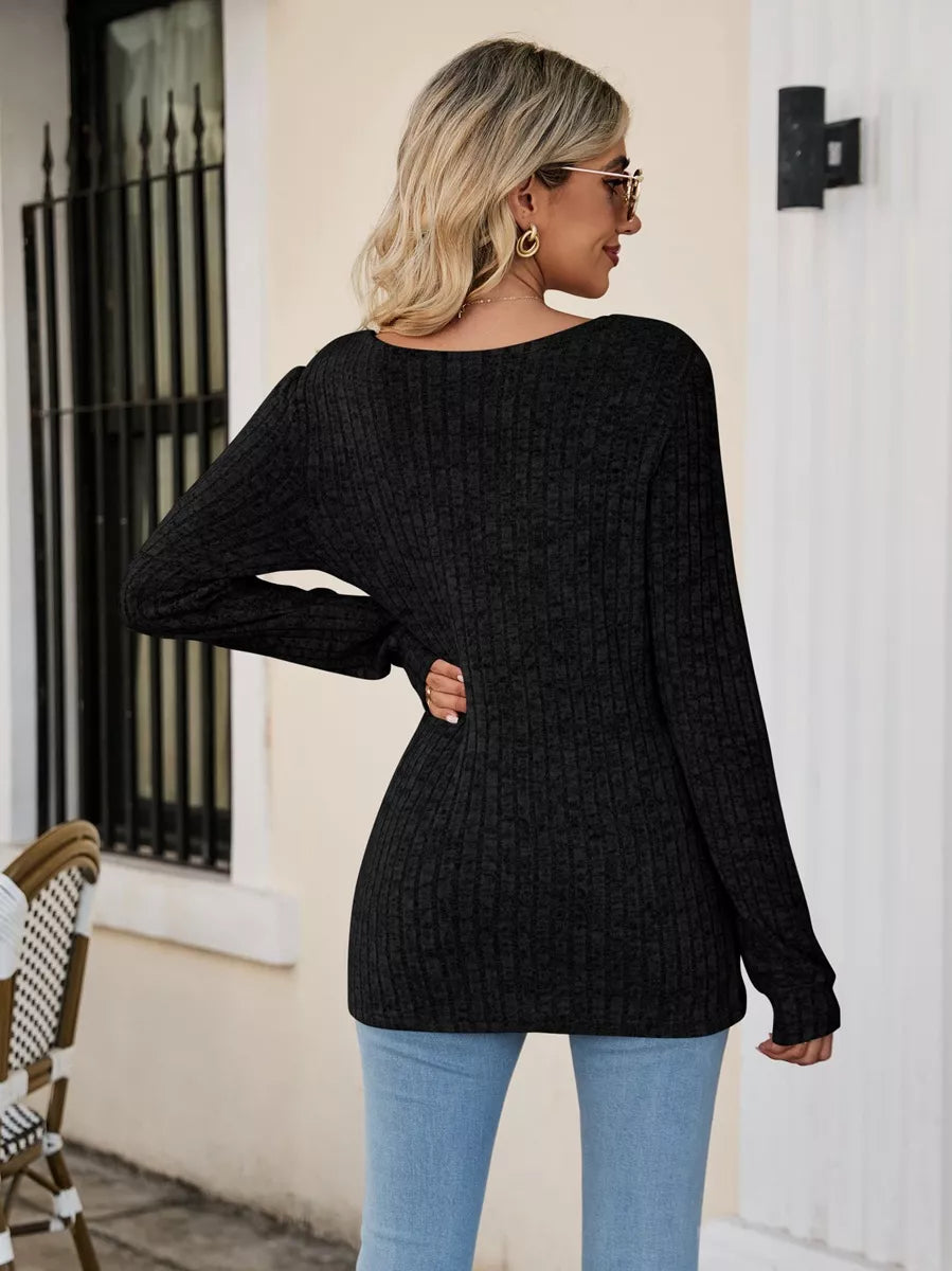 Ribbed Square Neck Long Sleeve T-Shirt Trendsi