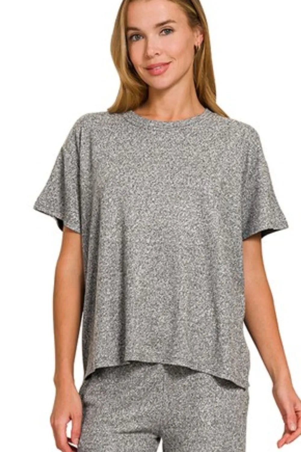 Zenana Soft Melange Short Sleeve Tee & Long Pants Set OutfitFlow