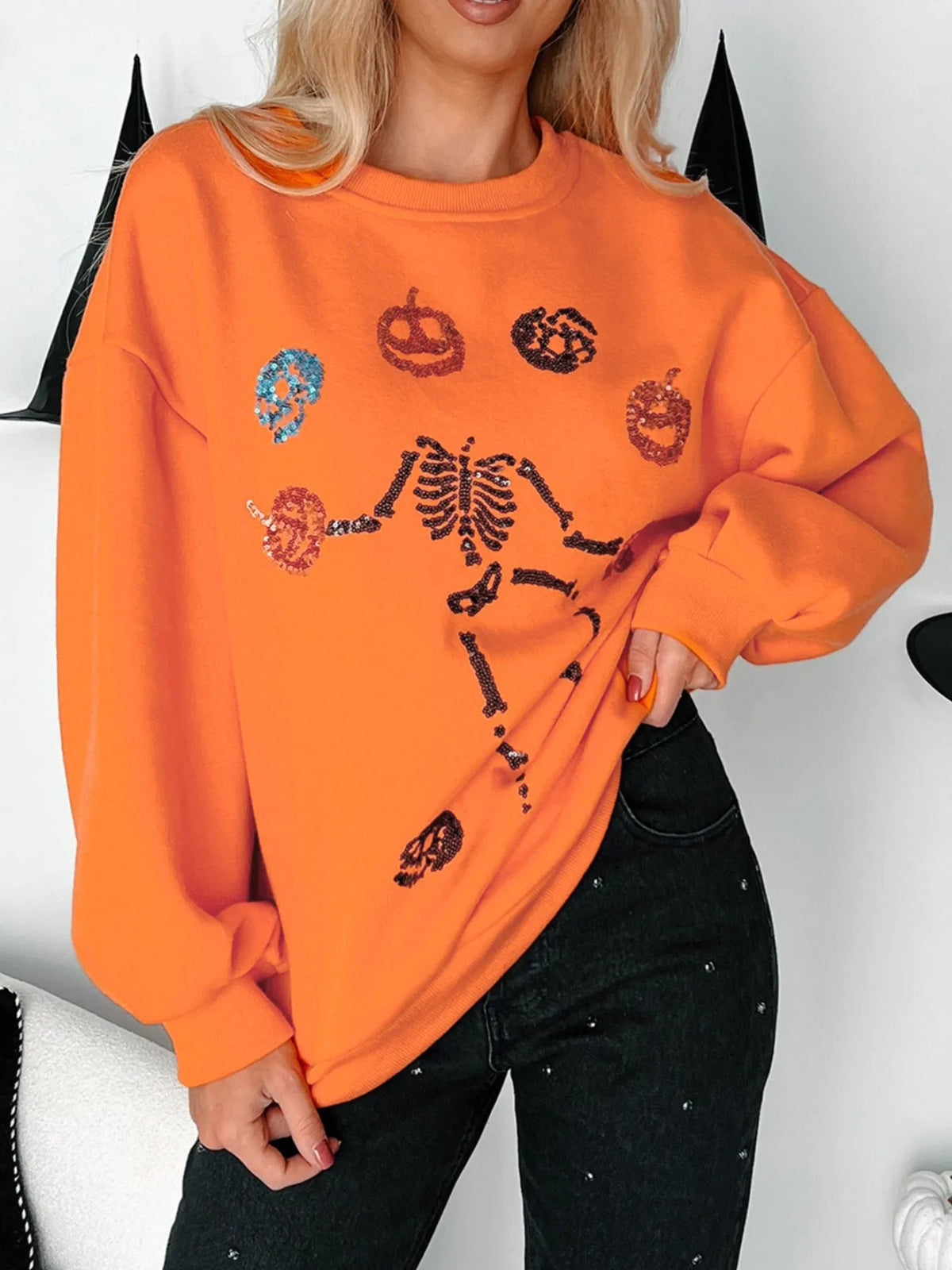 Halloween Skeleton Pumpkin Sweatshirt Orange OutfitFlow